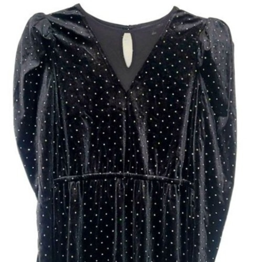 INC Black Velour Dress Puff Sleeve Glitter Polka Dot Cottage Mesh Neck Goth L - Picture 3 of 6